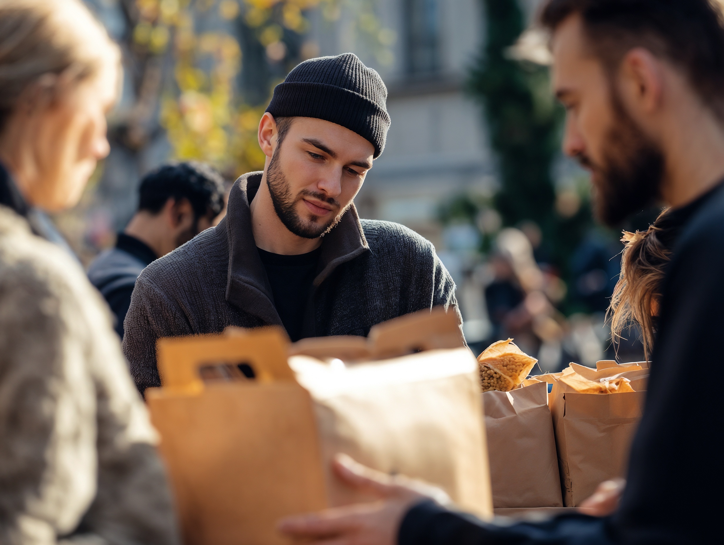 Dedicated young volunteers distributing food bags during a charity event in an outdoor setting